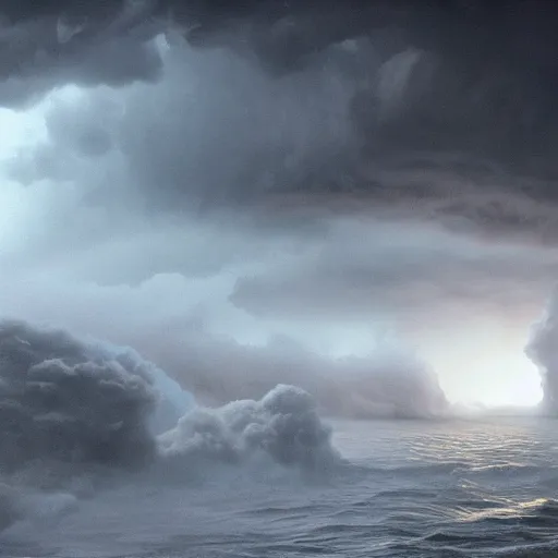 Image similar to venus going out of space water during a big storm, great space, epic composition, 8 k, by greg rutkowski, beautifuk cinematic light