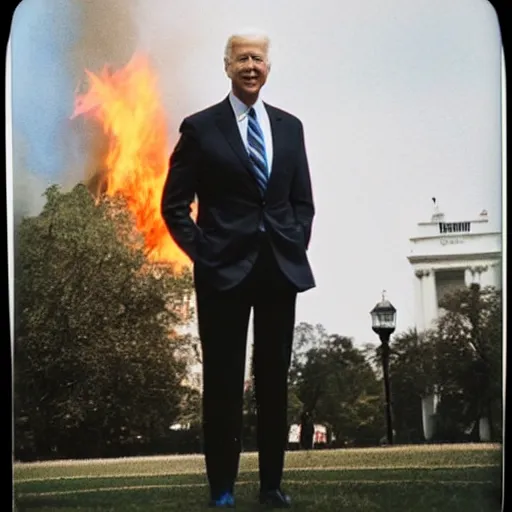 Image similar to polaroid photograph of Joe Biden standing in front of the white house on fire