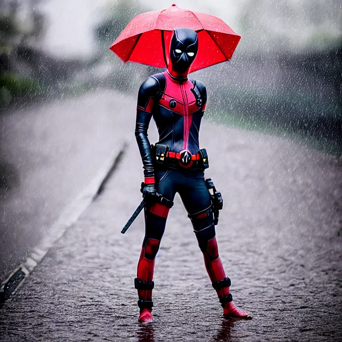 Image similar to fully body pose, photo of a very beautiful!! female deadpool victoria secret model, wet hair, raining, 8 k, hdr, smooth, sharp focus, high resolution, award - winning photo, trending on artstation, dslr, 5 0 mm