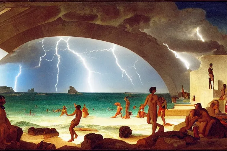 Prompt: The giant greek arch, refracted lightnings on the ocean, thunderstorm, greek pool, beach and Tropical vegetation on the background major arcana sky and occult symbols, by paul delaroche, hyperrealistic 4k uhd, award-winning, very detailed paradise