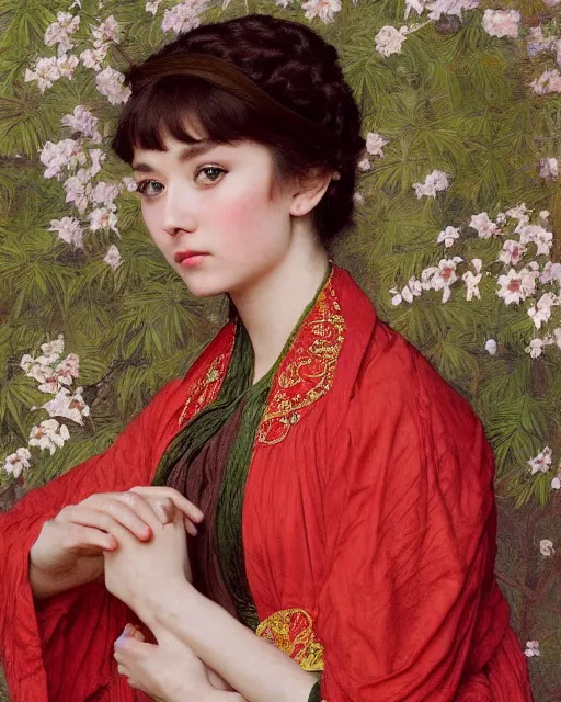 Image similar to a girl who resembles a 16-year old Audrey Hepburn and Scarlett Johansson, dressed in ornate, detailed, intricate Chinese imperial robes, detailed oil painting by William Adolphe Bouguereau and Donato Giancola