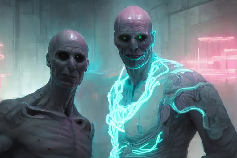 Prompt: cyborg Lord Voldemort without nose in cyberpunk, neon lighting, figure in center, digital art from artstation by Ruan Jia and Mandy Jurgens and Artgerm and william-adolphe bouguereau and Greg Rutkowski and Wayne Barlowe