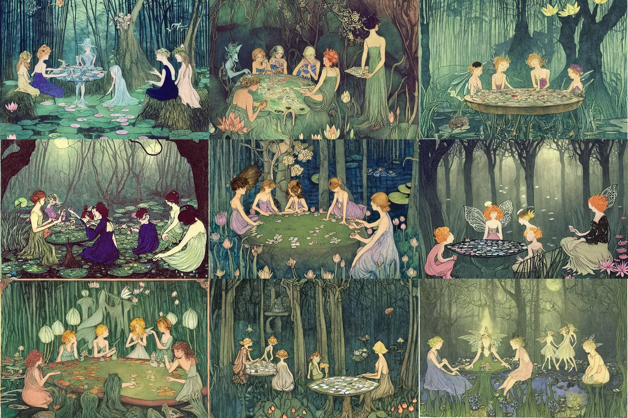 Prompt: a group of gracious fairies playing cards on a table in an atmospheric moonlit forest next to a beautiful pond filled with water lilies, artwork by ida rentoul outhwaite, fairies have wings