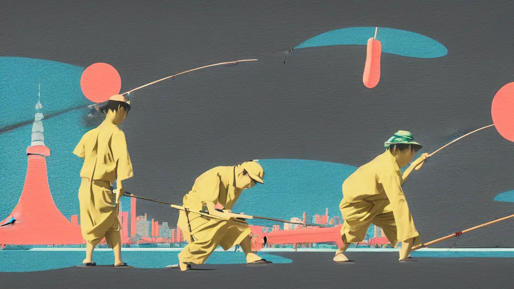 Image similar to japan fishing in odaiba, a collage painting, in the style of wes anderson, lola dupre, david hockney, isolated on negative space background dark monochrome neon spraypaint accents volumetric octane render