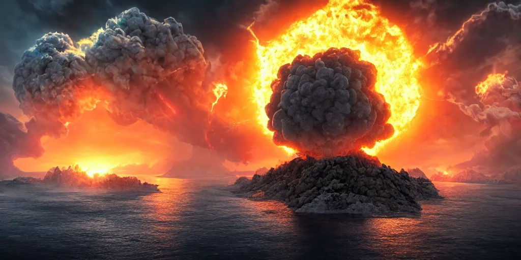 Image similar to Nuclear Explosions in the shape of Croatia, realistic 4k octane beautifully detailed render, 4k post-processing, highly detailed, intricate complexity, epic composition, magical atmosphere, cinematic lighting, masterpiece, ultra hd