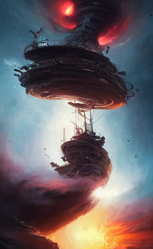 Prompt: a beautiful illustration of a black hole devouring a pirate ship in a galactic nebula, art of greg rutkowski and magali villeneuve and artgerm, featured on artstation, vertical orientation, paint brush strokes