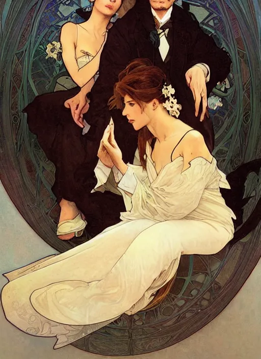 Prompt: an elegant couple, a man and a woman, sit together on a crescent moon in the sky. painting by artgerm and greg rutkowski and alphonse mucha.