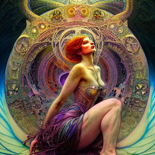 Image similar to An extremely psychedelic Air Goddesses, surreal, dramatic lighting, magic mushrooms, psilocybin, LSD, face, detailed, intricate, elegant, lithe, highly detailed, digital painting, artstation, concept art, smooth, sharp focus, illustration, art by Krenz Cushart and Artem Demura and alphonse mucha