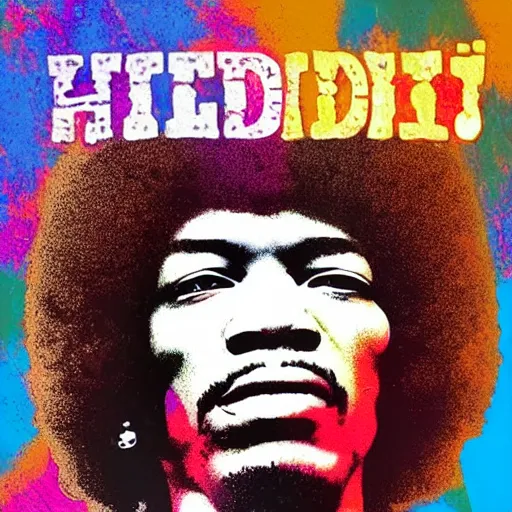 Image similar to HD digital concert poster Jimi Hendrix at Woodstock, ultra realistic, powerful, iconic, love peace and unity, hippy, flower power