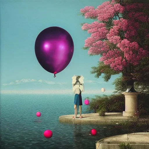 Image similar to liminal spaces, party balloons, checkered pattern, David Friedrich, award winning masterpiece with incredible details, Zhang Kechun, a surreal vaporwave vaporwave vaporwave vaporwave vaporwave painting by Thomas Cole of an old pink mannequin head with flowers growing out, sinking underwater, highly detailed