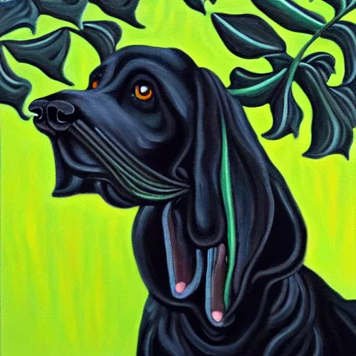 Image similar to oil painting of a black hound bearing its teeth next to brugmansia suaveolens flowers