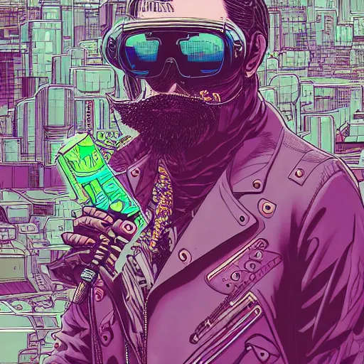 Prompt: hyper detailed comic illustration of a cyberpunk Evil!!! man wearing a futuristic sunglasses and a gorpcore!!! jacket, pirate eye patch, by Josan Gonzalez and Geof Darrow, intricate details, vibrant