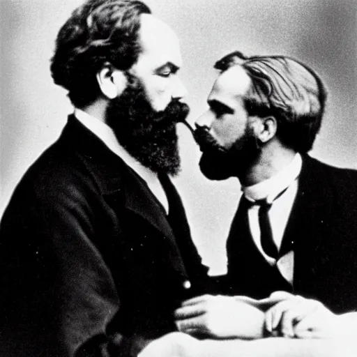 Prompt: Karl Marx and Nietzsche kissing, bedroom background, photo, 1920