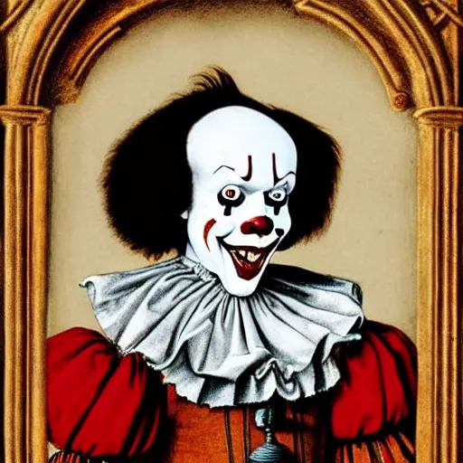 Prompt: a highly detailed portrait of pennywise the clown, wearing elegant tudor clothes, inside a room with thick red tapestries, by hans holbein and alessandro allori