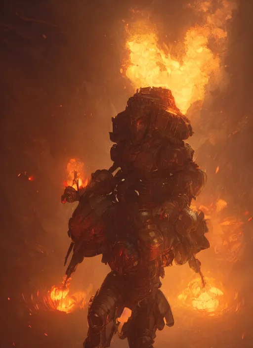 Image similar to a photorealistic dramatic hyperrealistic render of an armored fire golem by wlop, greg rutkowski, alphonse mucha, beautiful dynamic dramatic dark moody lighting, shadows, cinematic atmosphere, artstation, concept design art, octane render, 8 k