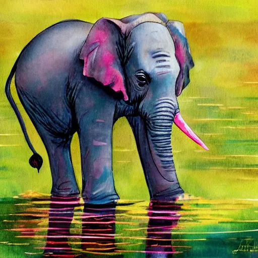 Prompt: baby elephant drinking from a pond, children's book style, colourful, painterly, high quality, very very beautiful, professional