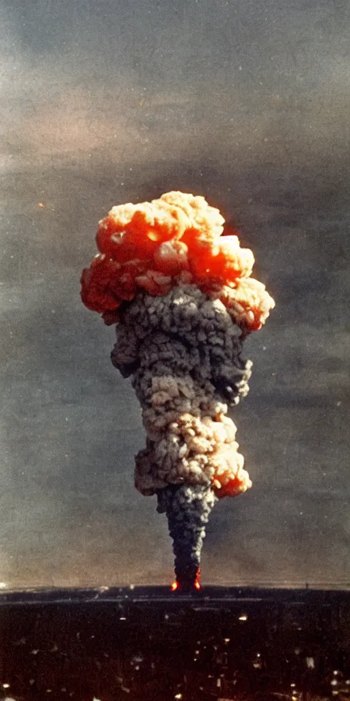 Image similar to a highly detailed and stunning autochrome photograph of an atomic bomb explosion with mushroom cloud, 8K