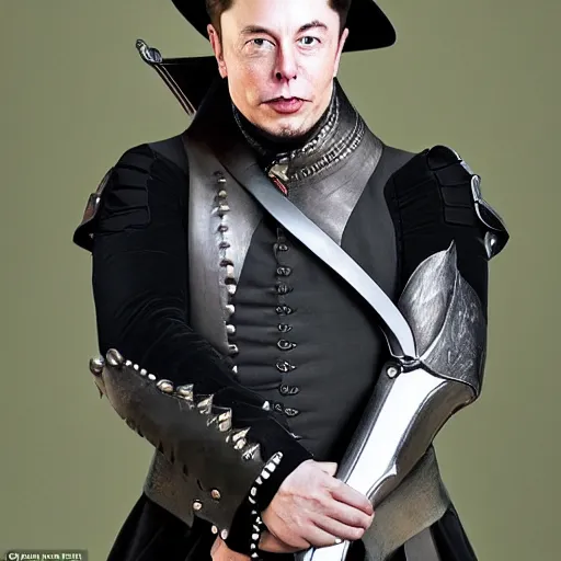 Image similar to full body photo of elon musk in the shape of a musketeer, he has a big black hat and holds a shiny sword