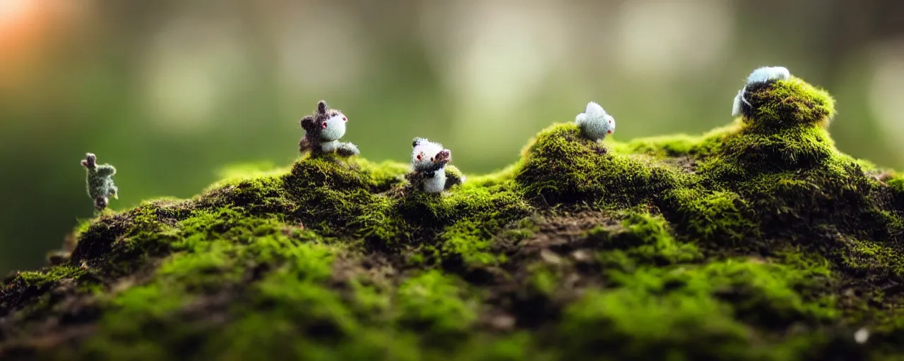 Image similar to tiny cute mossy forest creatures by bobby chiu, at sunset, macro photography, goro fujita, cute, adorable, cinematic