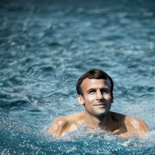 Image similar to Emmanuel Macron swimming in the red sea, 50mm photography, high quality, 4K