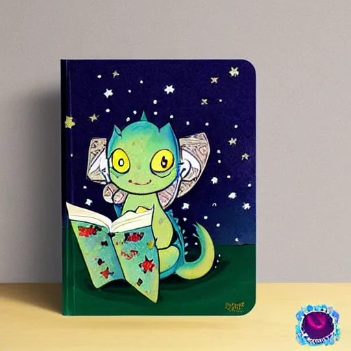 Prompt: cute dragon reading book with starry background, detailed, digital art