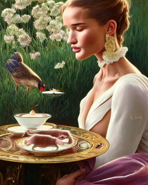 Image similar to Portrait of Rosie Huntington-Whitely & a mallard & a pig having tea at the Ritz, real life skin, intricate, elegant, highly detailed, artstation, concept art, smooth, sharp focus, art by artgerm and greg rutkowski and alphonse mucha