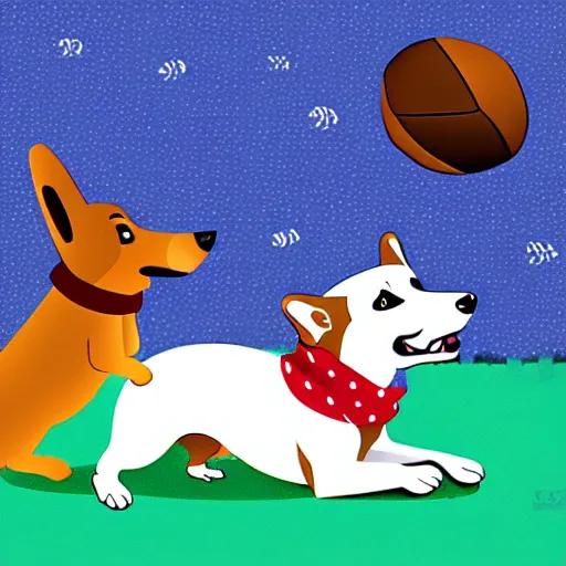 Image similar to illustration of french boy in paris playing football against a corgi, the dog is wearing a polka dot scarf