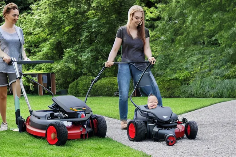 Image similar to lawn mower with a baby stroller attached