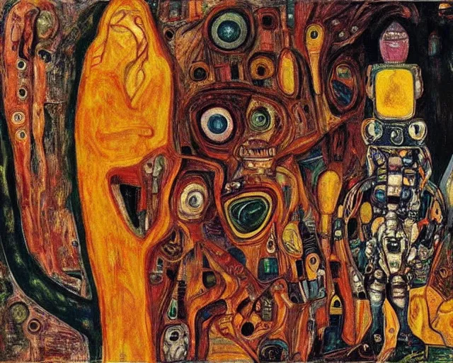 Image similar to a painting of a aliens and robots by graham sutherland, egon schiele!, gustav klimt, expressionism