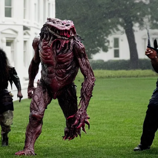 Image similar to a monster from predator is chasing joe biden on the white house lawn during a storm, dramatic