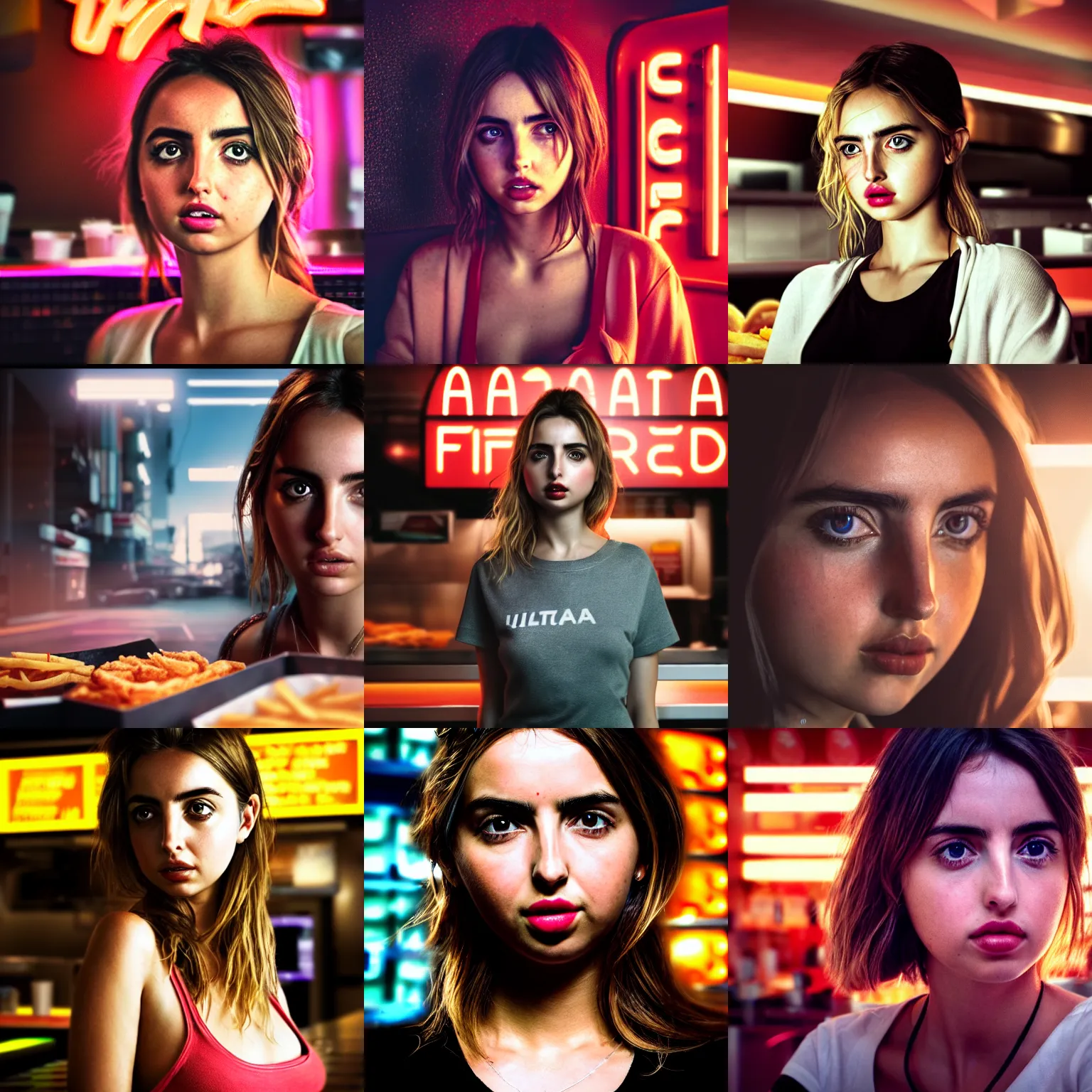 Prompt: ultra realistic, hyper detailed, ana de armas portrait working in a fast food restaurant, cinematic, cyberpunk, cyberpunk lights, 3 5 mm