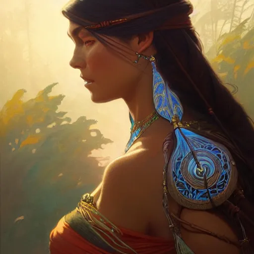 Prompt: Pocahontas, D&D, fantasy, intricate, elegant, highly detailed, digital painting, artstation, concept art, matte, sharp focus, illustration, art by Artgerm and Greg Rutkowski and Alphonse Mucha