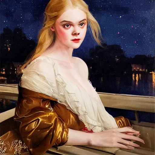 Image similar to Elle Fanning, nighttime, on a boat, artstation, by J. C. Leyendecker and Peter Paul Rubens,