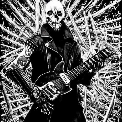 Image similar to a portrait of the grim reaper as a punk rocker playing an electric guitar, punk, skeleton face, mohawk, dark, fantasy, leather jackets, spiked collars, spiked wristbands, piercings, boots, ultrafine detailed painting by frank frazetta and vito acconci and michael whelan and takeshi obata, death note style, photoshop details