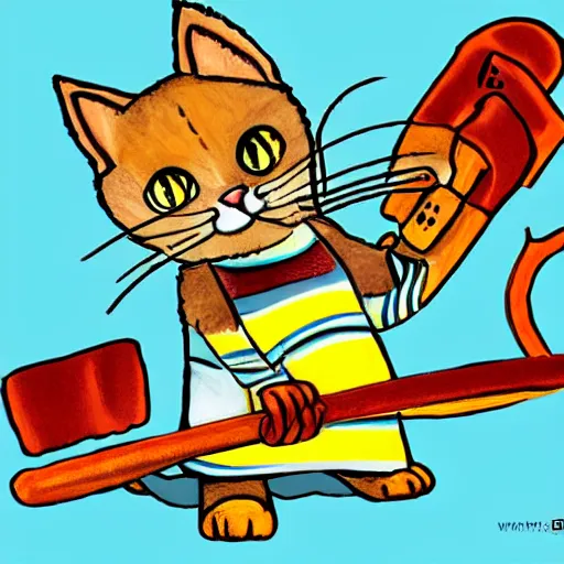 Image similar to illustration of Huckle Cat with a sword in the style of Richard Scarry