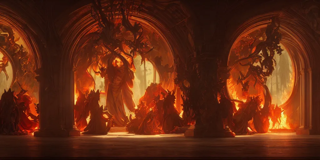 Image similar to ultra realistic, artstation, concept art, natural lighting, by artgerm and greg rutkowski and alphonse mucha and wlop, demons, fire, hell interior with surrounded archways. rendered in octane render with photorealistic lighting, 8 k, hd