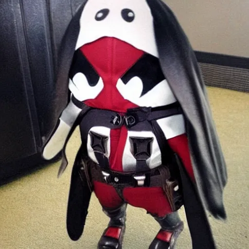 Prompt: a child of Deadpool and penguin would look like