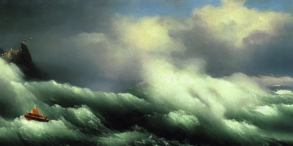 Prompt: perfect storm in the ocean. large waves, heavy stormy clouds. struggling ship to stay afloat. Rocky cliff in the background. Ivan Aivazovsky. Oil painting, very high details. Realistic. Epic.