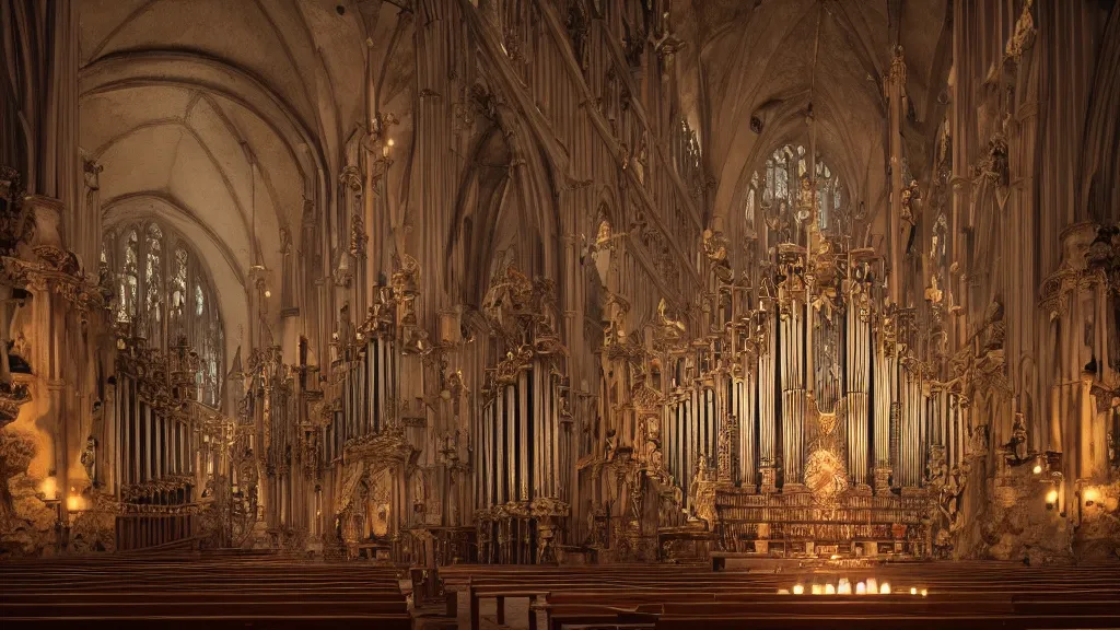 Image similar to a complex ancient pipe organ cathedral interior, 4 k, stone pews, skulls, giant alembic, candle lighting, octane render, natural color scheme, architectural photography, f 3 2, still from movie by guillermo del toro