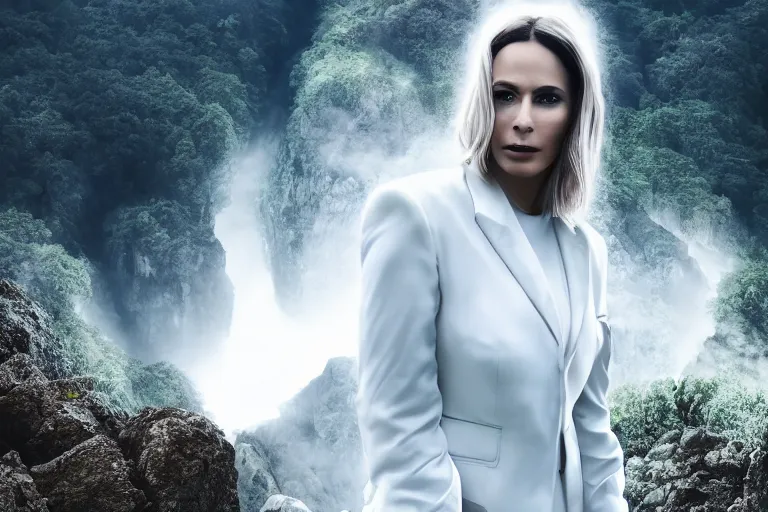 Image similar to a cinematic headshot portrait of a beautiful middle aged woman wearing futuristic white suit on the top of a mountain, overlooking a vast serene forest, large diffused light, neon light, 4 k, ultra realistic, dramatic lighting, rain, clouds, fog, vogue, fashion, glamour, magazine spread, by marco mazzoni and jessica rossier