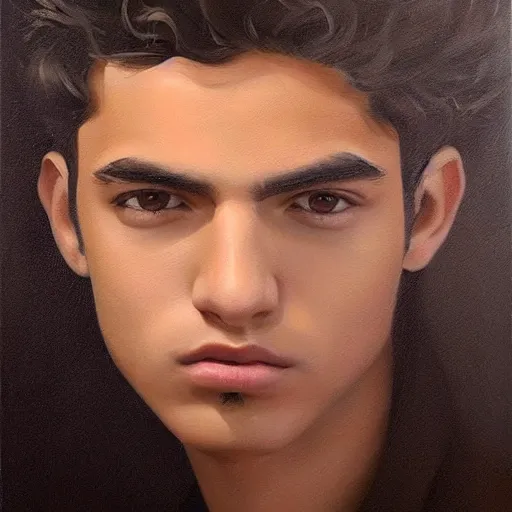 Image similar to oil painting by ilya kuvshinov, baugh casey, rhads, coby whitmore, of a youthful persian - indian college student, olive skin, high cheekbones, handsome, curly black hair, outdoors, highly detailed, breathtaking face, studio photography, dawn, intense subsurface scattering, blush, supple look, innocence, intense sunlight