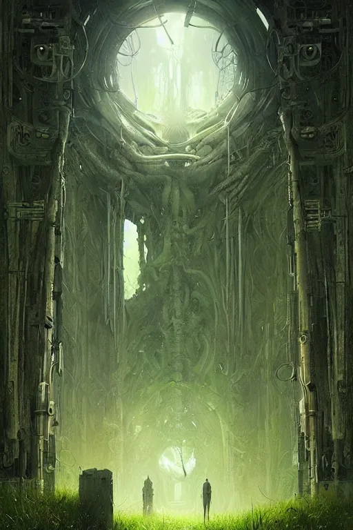 Image similar to portal from hell to a beautiful green meadow by giger, greg rutkowski