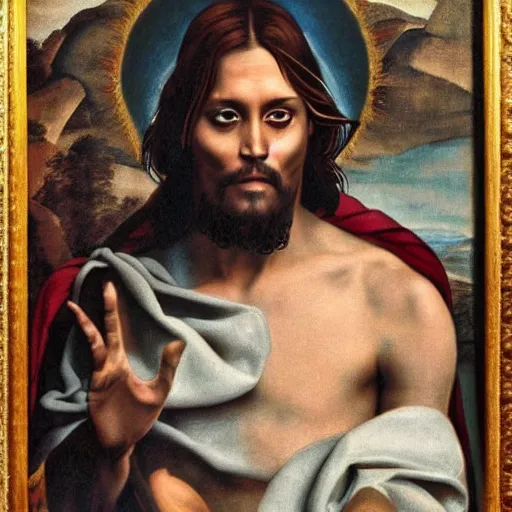 Image similar to johnny depp as jesus christ painted by michelangelo, sistine chapel