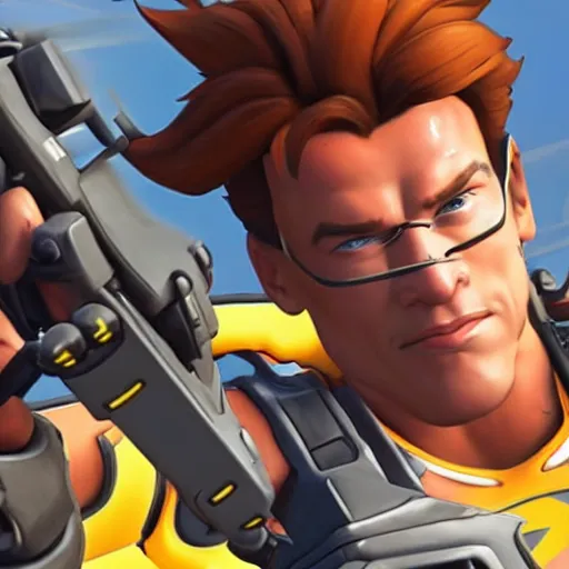 Image similar to a screenshot of arnold schwarzenegger as tracer in overwatch, temple of anubis map