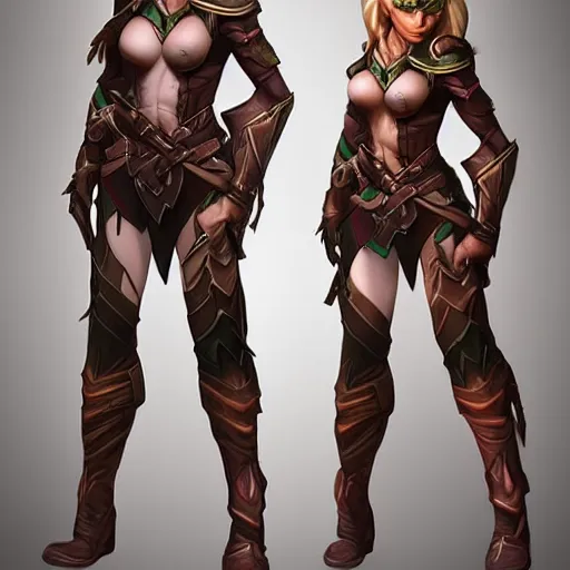 Image similar to character outfit concept of fantasy female elf ranger, by Josh Durham and artgerm, multiple views, highly detailed, artstation