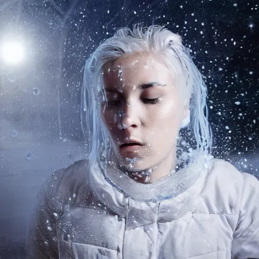 Image similar to futuristic female soldier eyes closed partly submerged in highly viscous clear fluid, frost particles, ice needles, cold blue light, complex hyperdetailed technical suit. white hair flowing. reflection. rays and dispersion of light. volumetric light. 5 0 mm, f / 3 2. noise film photo. ultra realistic, wide angle.