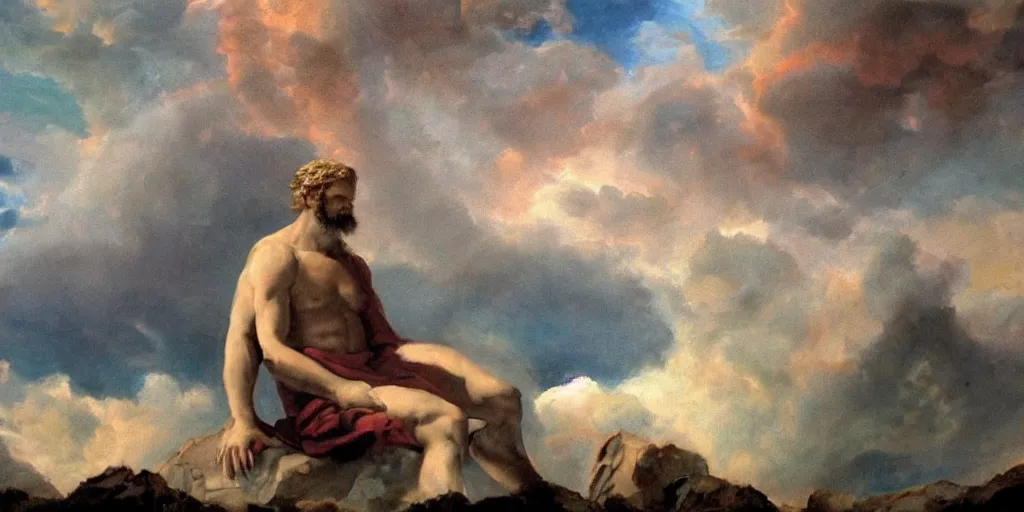 Image similar to a beautiful painting of zeus on his throne by the clouds.