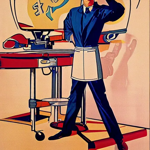 Image similar to man in futurist lab, 6 0 s ´ s design, leyendecker style