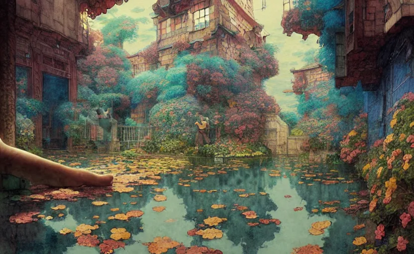 Image similar to tiled room squared waterway, fantasy. intricate, amazing composition, colorful watercolor, by ruan jia, by maxfield parrish, by marc simonetti, by hikari shimoda, by robert hubert, by zhang kechun, illustration, gloomy