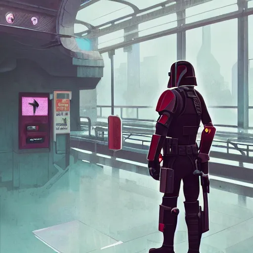 Image similar to a mandalorian waiting for a train at a train station, cyberpunk art by tomer hanuka, cgsociety, photorealism, matte drawing, digital illustration, digital painting